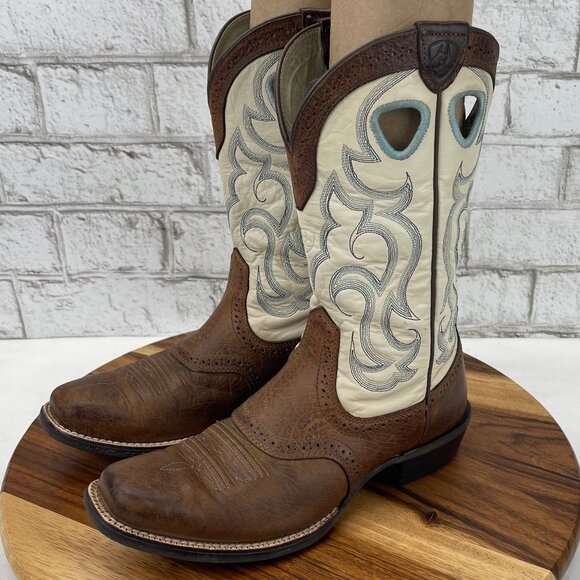 Ariat Rawhide Womens 6 B Western Brown White Leather Square Toe Boots 10006885 - Picture 1 of 15